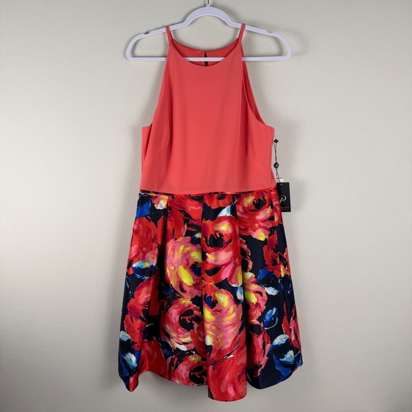 Adrianna Papell Womens 14 Coral Floral Print High Neck Mikado Dress Fit & Flare - Picture 3 of 14